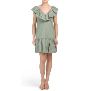 NWT Rebecca Taylor Linen Cotton Ruffle Dress Dark Sage Green Size 4 $395.00